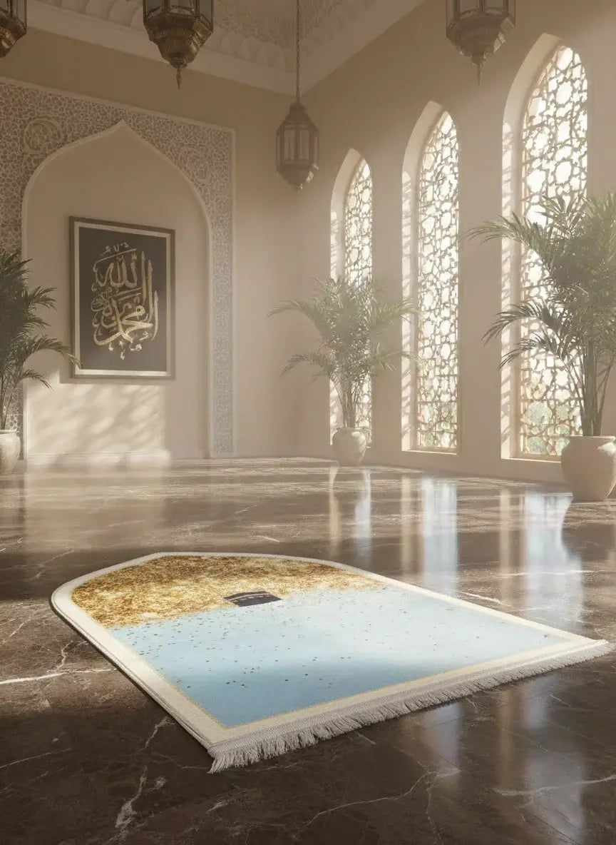 Prayer mat with a scenic design on a marble floor in a mosque.
