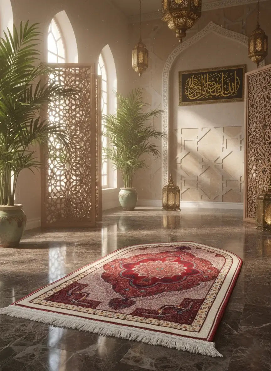 Decorative prayer rug in a mosque with plants and lanterns.