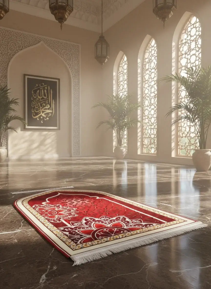 Red and white patterned prayer rug on a marble floor with large windows and Arabic calligraphy in the background.