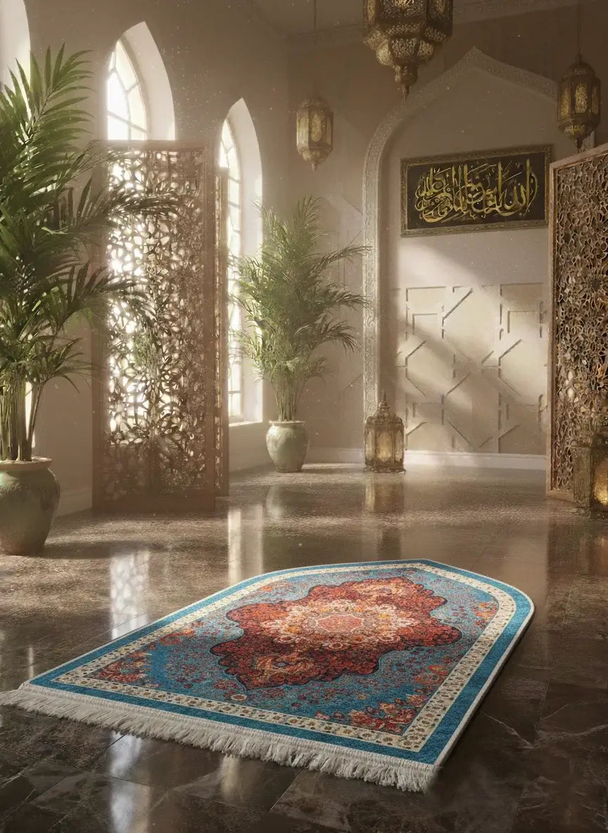 Decorative prayer rug on a polished floor with plants and architectural elements in the background