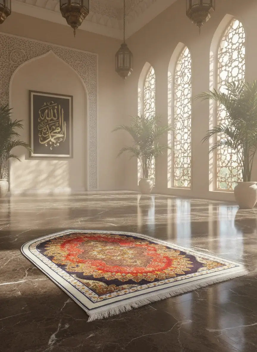 Decorative rug on a marble floor with large windows and Arabic calligraphy in the background