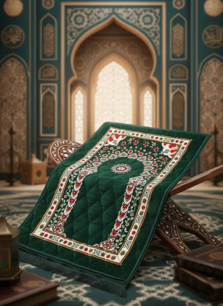 Decorative green prayer mat with intricate patterns on a patterned rug.
