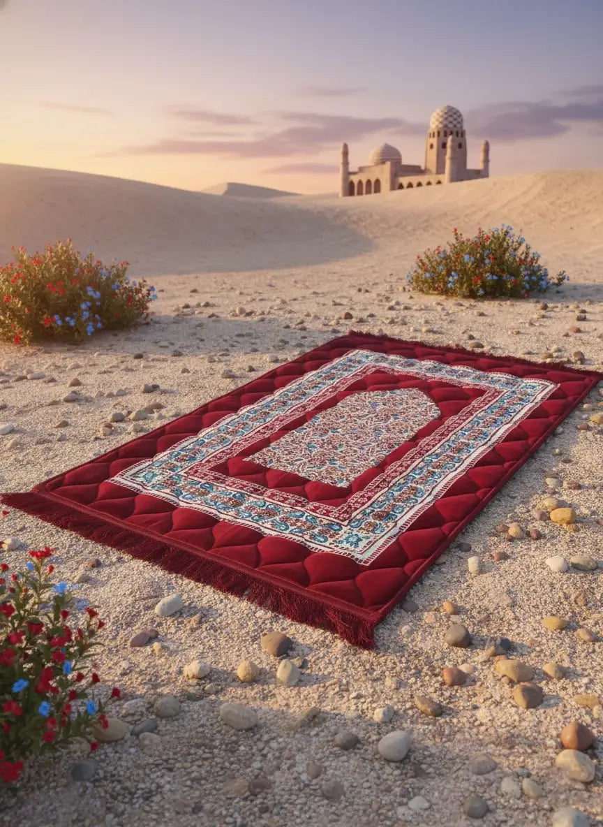 Red prayer mat on a sandy desert landscape with a distant mosque.