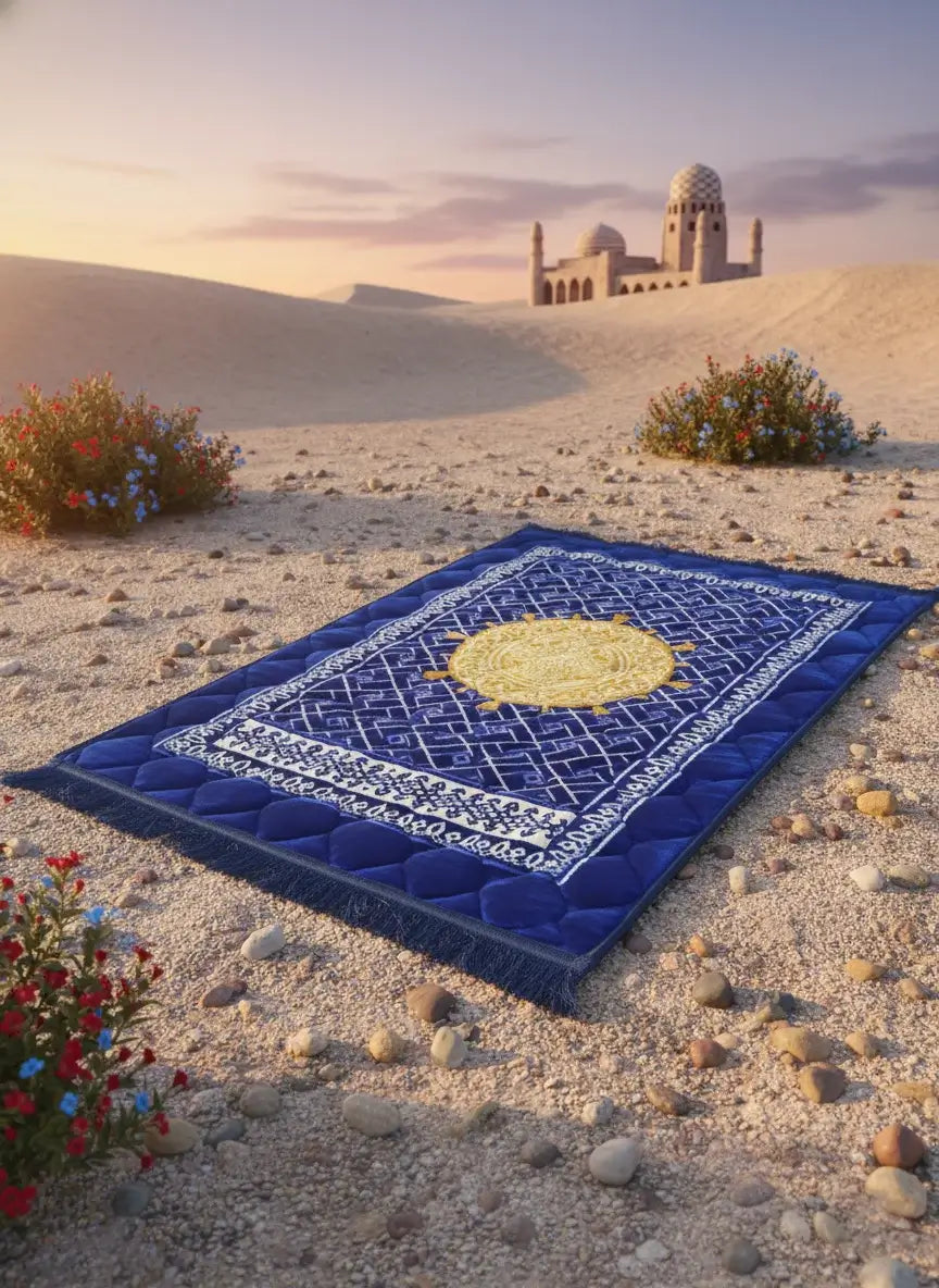 Blue prayer mat with a yellow center on a sandy desert landscape with a building in the distance.