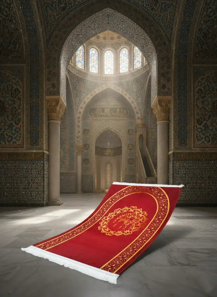 Red prayer rug with gold patterns on a stone floor in a mosque.