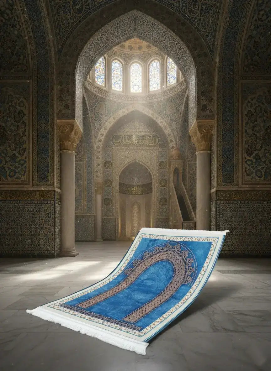 Blue prayer rug in a ornate mosque interior