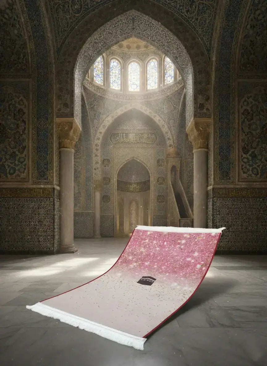 Decorative prayer rug in a ornately decorated room with high ceilings and arches.