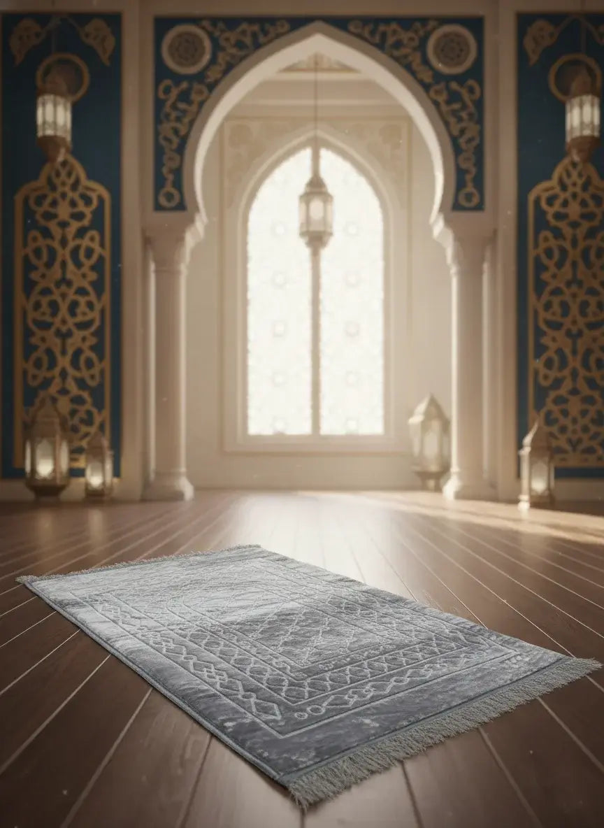 Decorative rug on a wooden floor with ornate walls and archway in the background