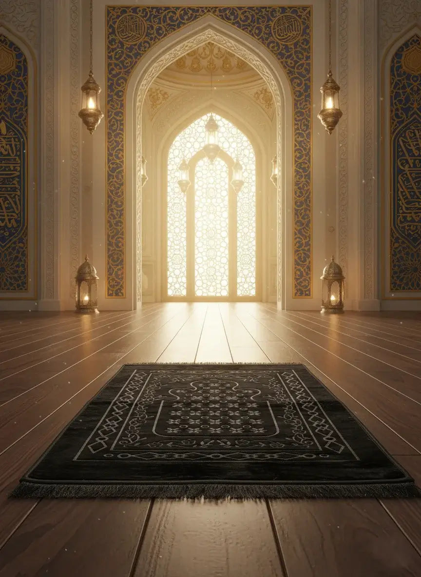 Decorative rug on a wooden floor with an ornate archway and lights in the background