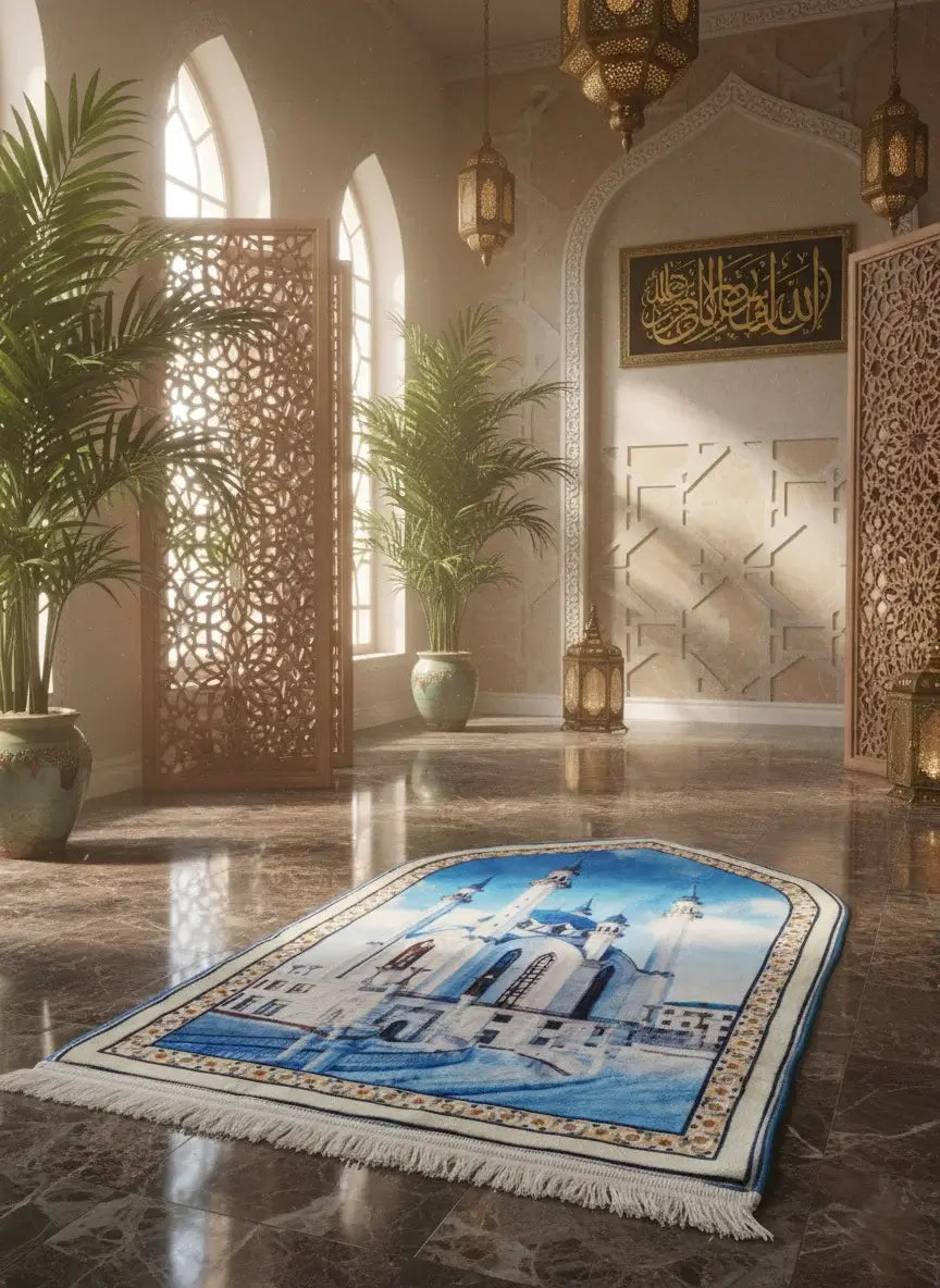Decorative prayer rug with a blue and white design on a marble floor.