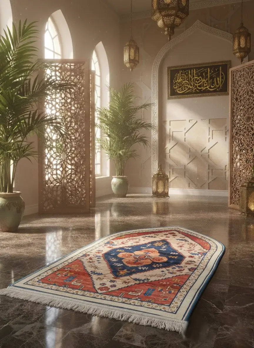 Decorative rug on a polished stone floor with plants and lanterns in the background