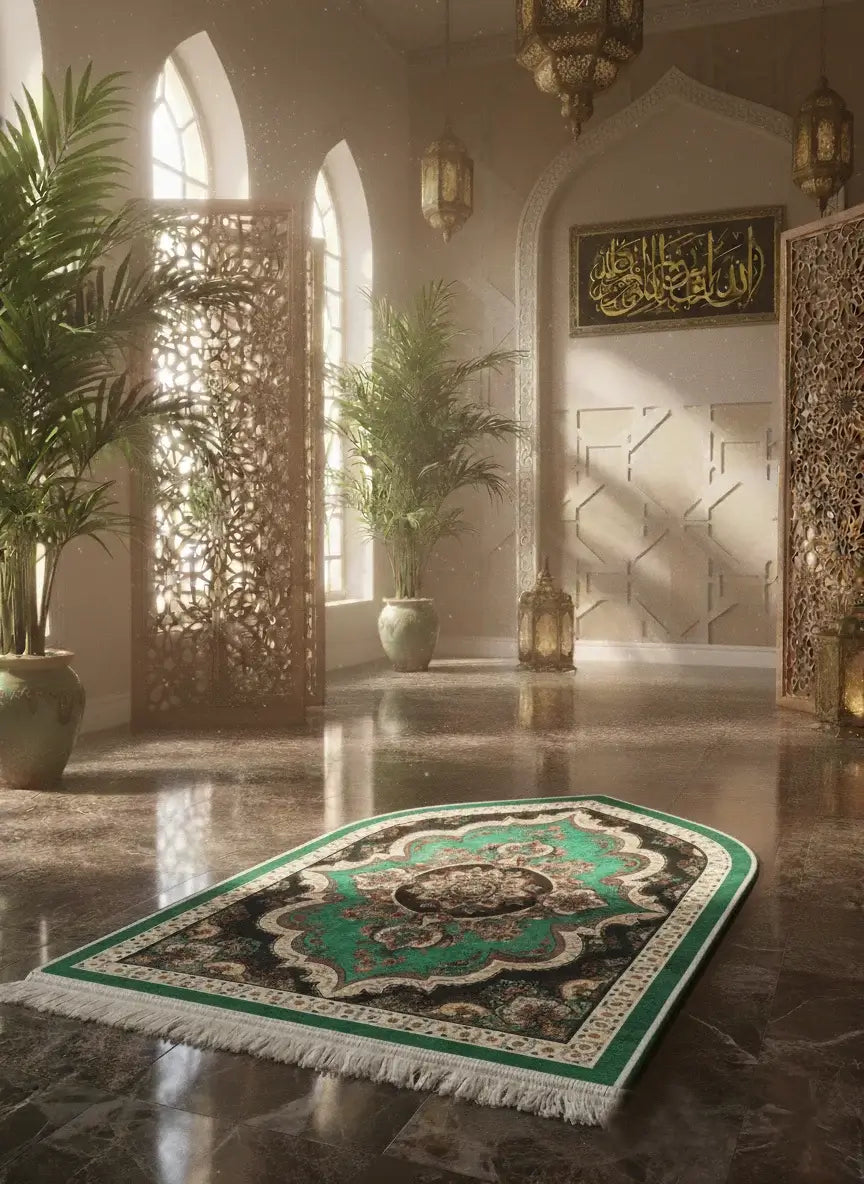 Decorative prayer rug on a marble floor with plants and architectural elements in the background.