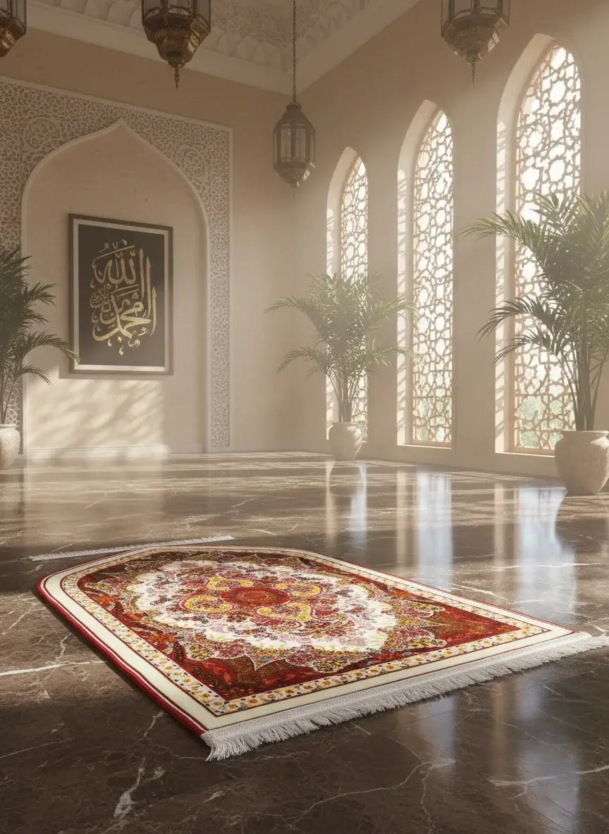 Decorative rug on a marble floor with large windows and Arabic calligraphy in the background