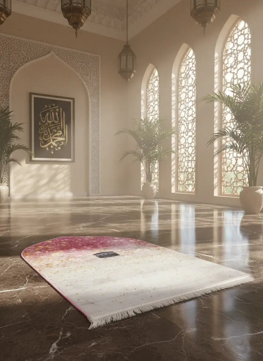 Decorative prayer rug on a marble floor with large windows and Arabic calligraphy in the background