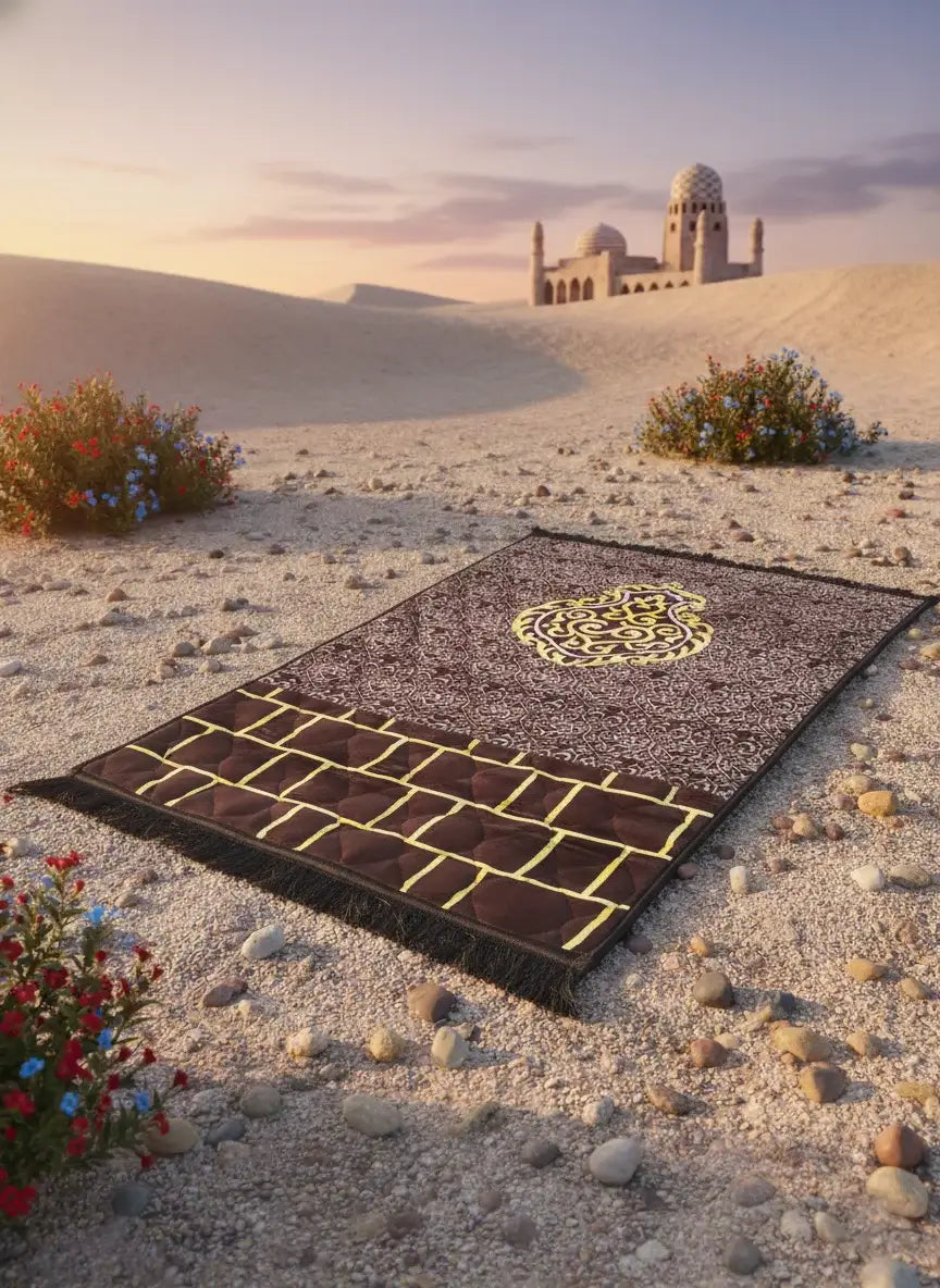 Decorative mat with geometric pattern on sand dunes with a building in the background