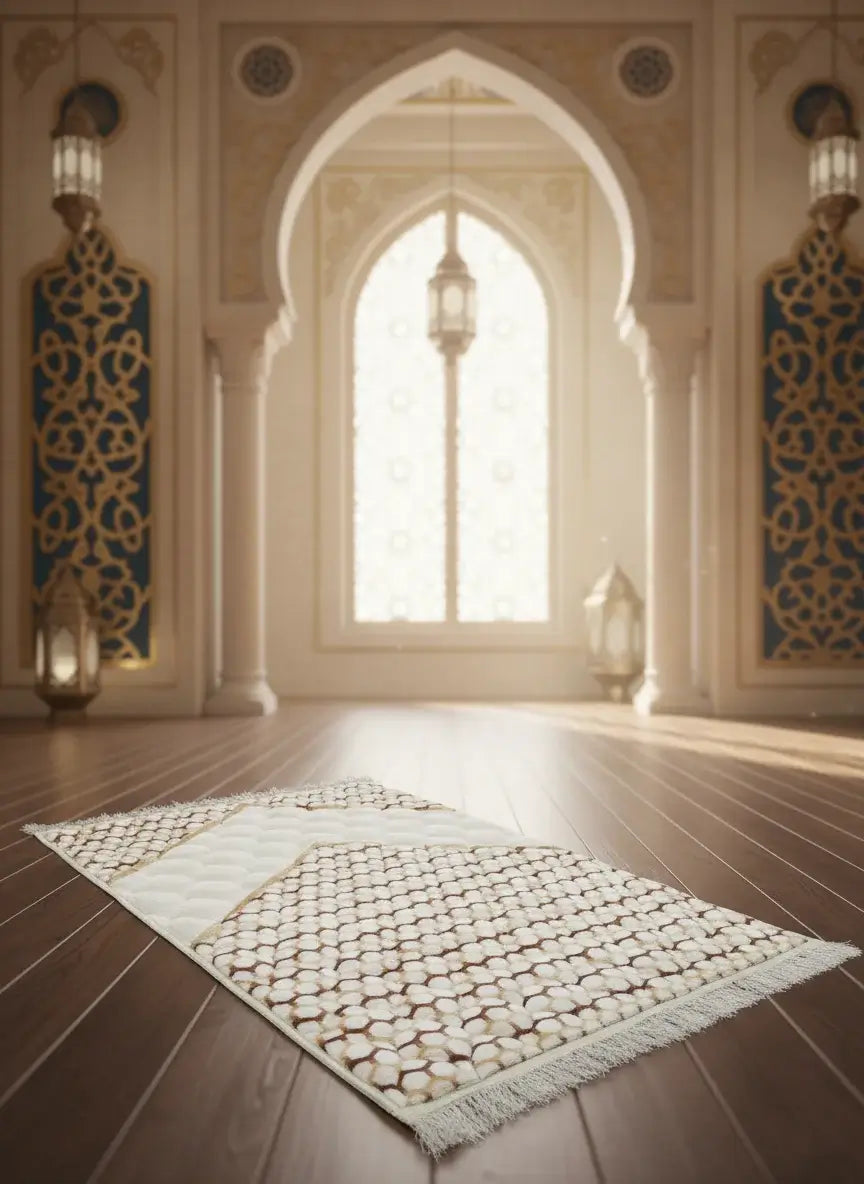 Decorative rug on a wooden floor with ornate walls and archway in the background