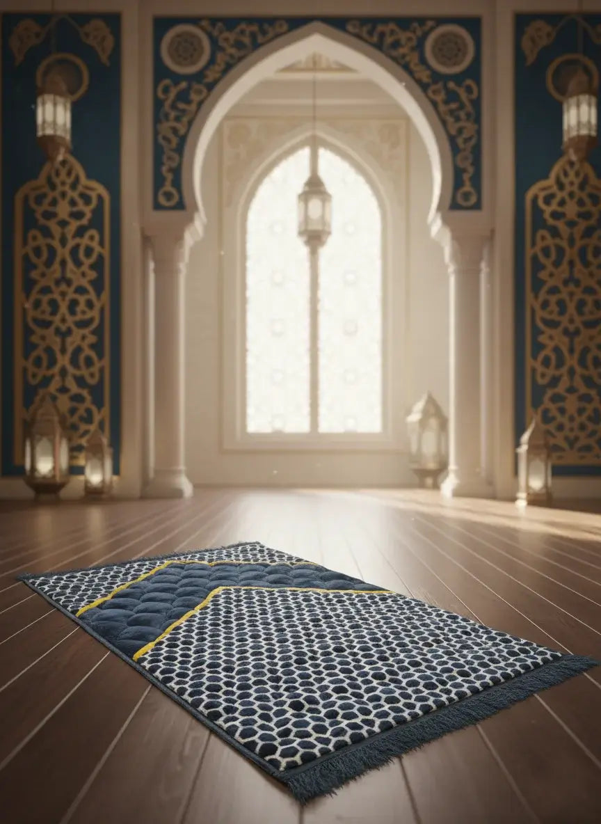 Decorative rug with geometric pattern on wooden floor in a mosque-like setting