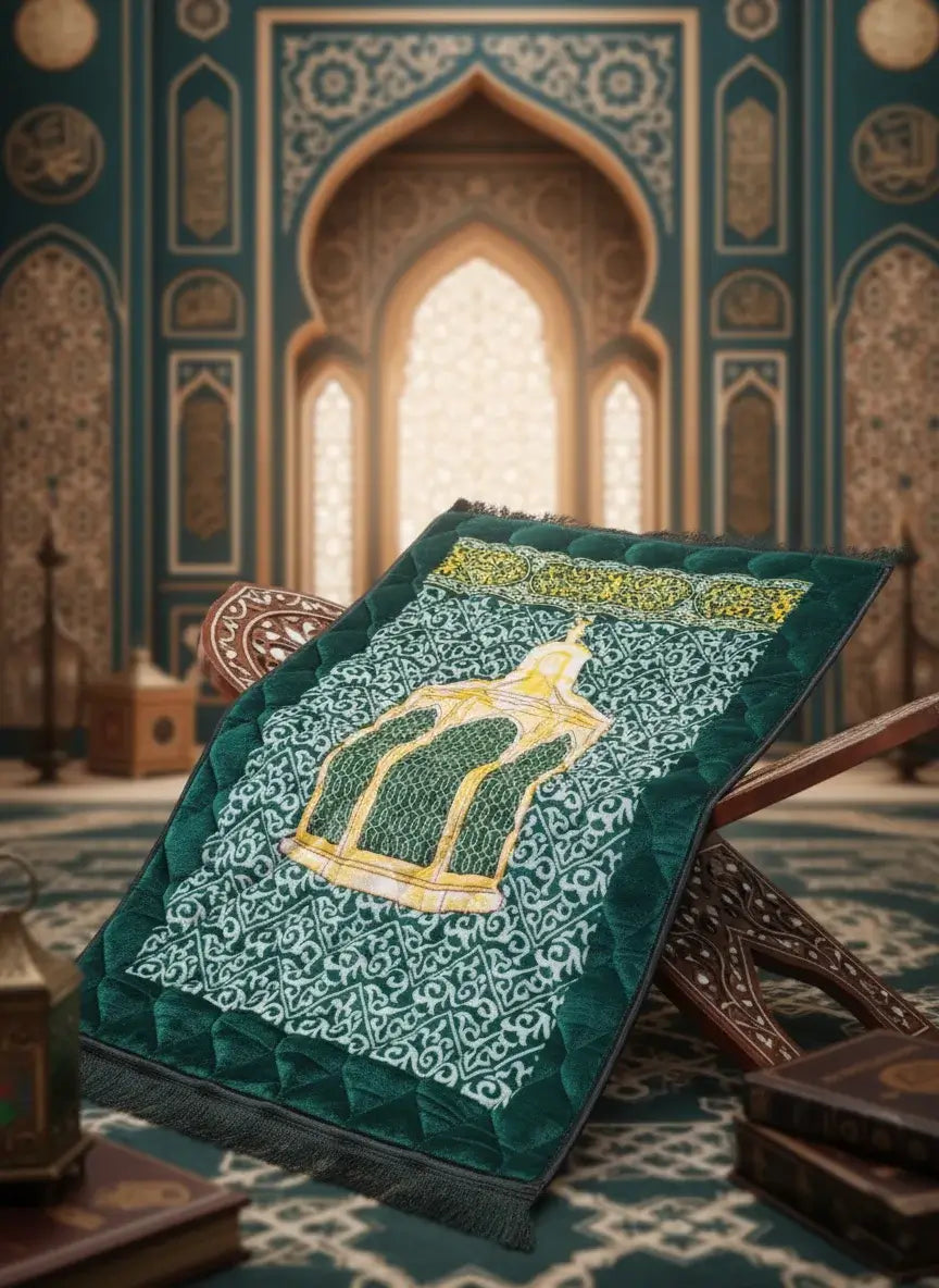 Decorative prayer mat with intricate patterns in a mosque setting