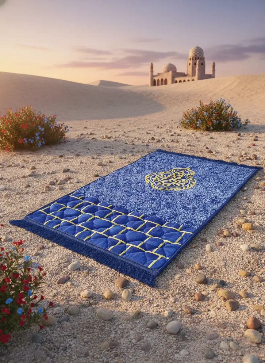 Blue prayer mat with geometric design in a desert landscape with a building in the background