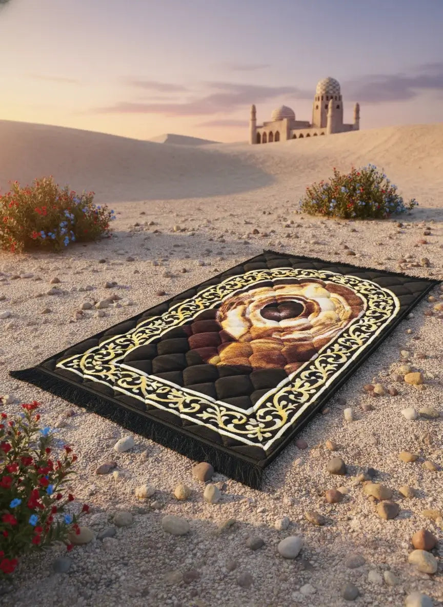 Prayer mat with a star design in a desert landscape with a building in the background