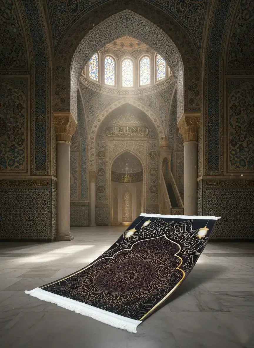 Decorative prayer rug in a grand, ornately decorated room with high ceilings and stained glass windows.