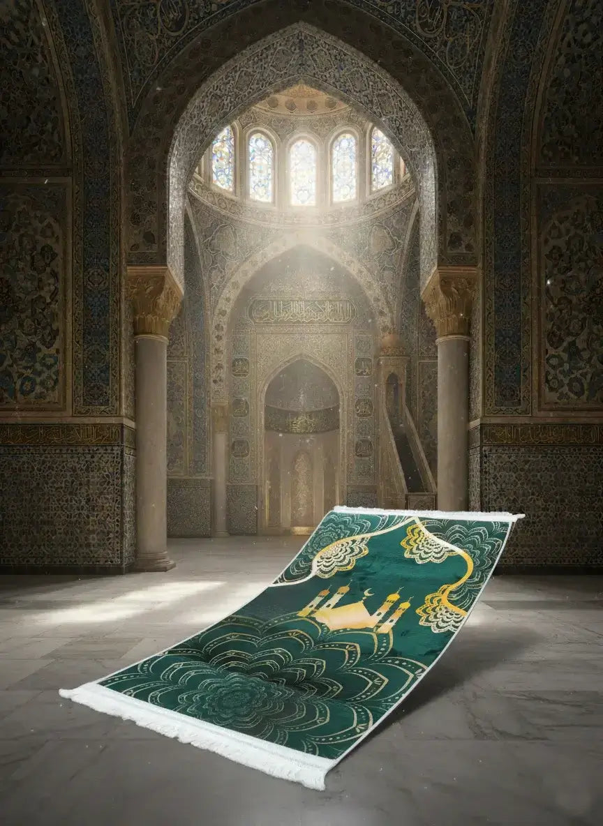 Green prayer rug with gold designs on a stone floor in a mosque.