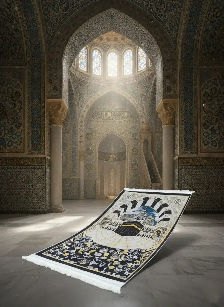 Decorative prayer rug with intricate patterns on a floor in a mosque.
