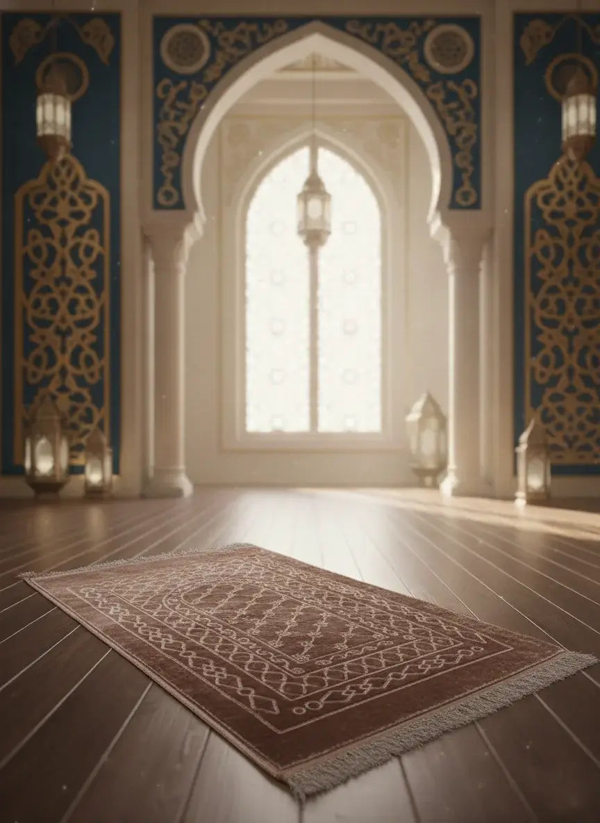 Decorative rug on a wooden floor with ornate walls and ceiling in a large room.