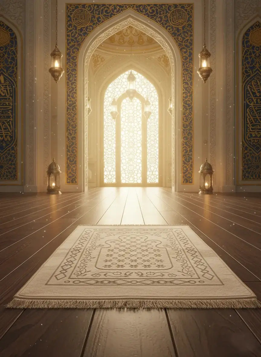 Decorative rug on a wooden floor with ornate walls and arches in the background