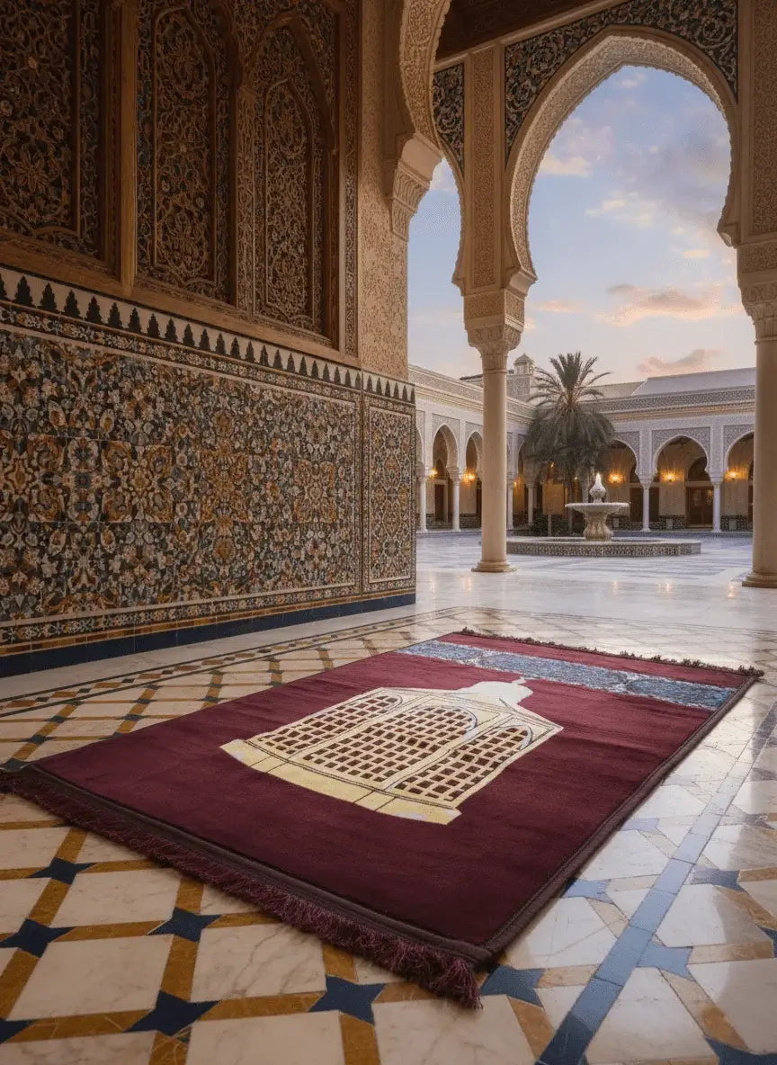 Decorative rug with geometric pattern on a marble floor in an ornate architectural setting.